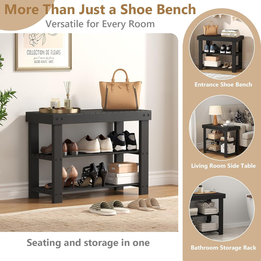 Sweetcrispy Shoe Rack Bench, 3-Tier Bamboo Entryway Storage Organizer, 286lb ...