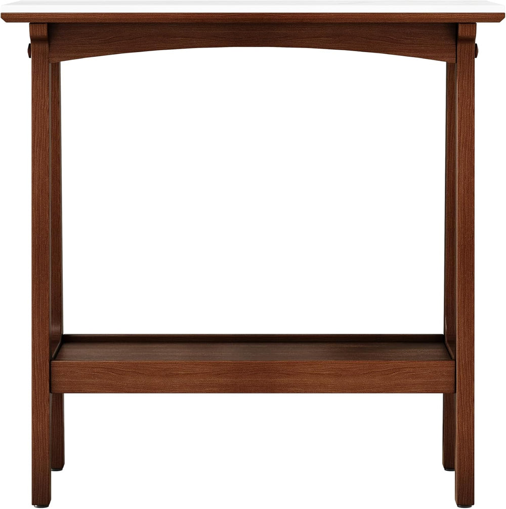 Skinny Side Table Slim Nightstand with Storage Shelf and Marble Top, Farmhous...