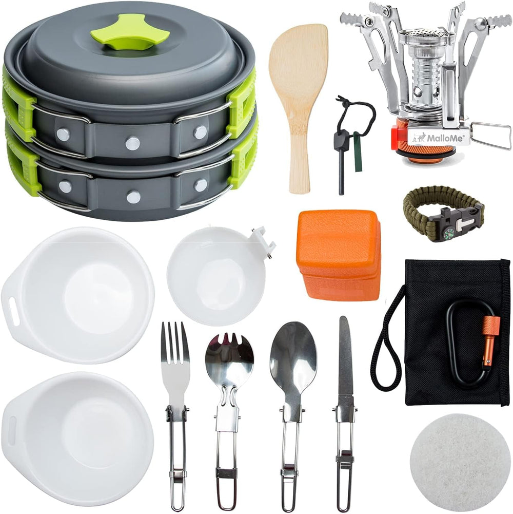 MalloMe Camping Cookware 18pc Mess Kit w/Backpacking Stove – Camping Cooking ...