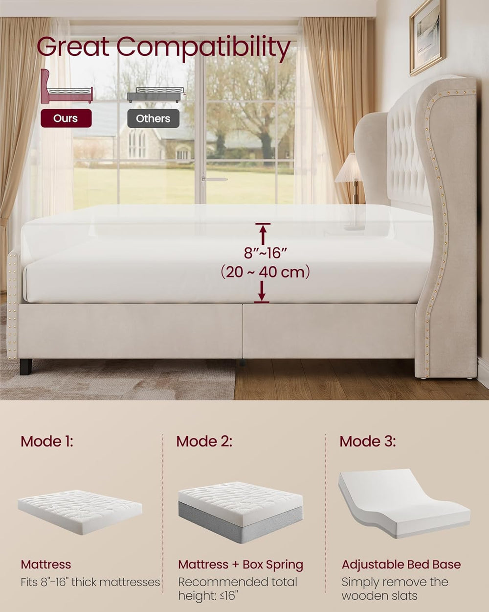 VASAGLE King Platform Bed Frame, Upholstered, Wooden Slats