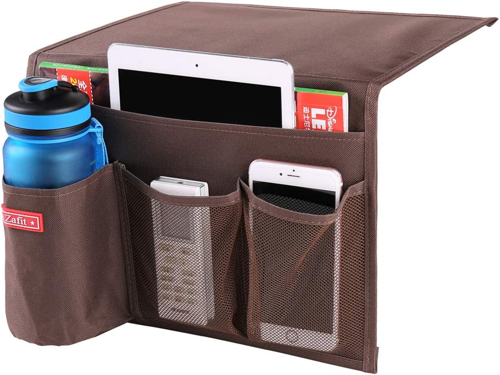 Bedside Storage Organizer - Table Cabinet Organizer Caddy for Remotes, Phone, Glasses (4 Pockets - Coffee)