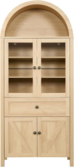 71.65"Tall Arched Kitchen Pantry Cabinet with Large Drawer, Farmhouse Kitchen Cabinet with Adjustable Shelves and Glass Doors, Wood Versatile Cupboard for Kitchens, Dining Room, or Study Room, Natural