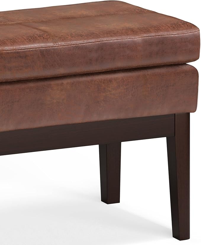 SIMPLIHOME Carlson Ottoman Bench Solid Pine Wood Frame with Faux Leather Upholstery for Living Room, Bedroom, Entryway, 26.4 x 15 x 17.5 inches, Distressed Saddle Brown