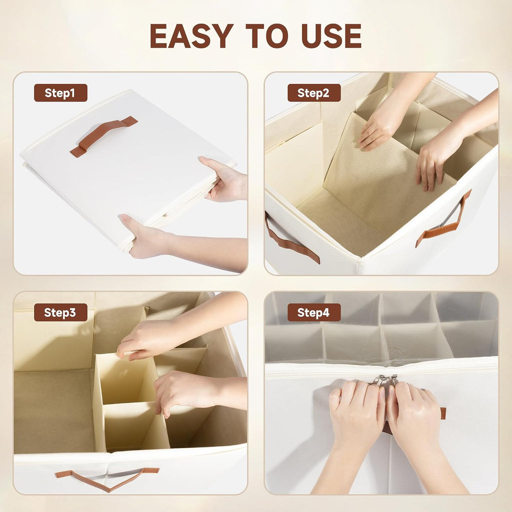 2-Pack Shoe Organizer for Closet, Foldable Shoe Storage Container with Adjustable Dividers & Clear Lid, Holds Up to 12 Pairs, Space-Saving Shoe Boxes, White
