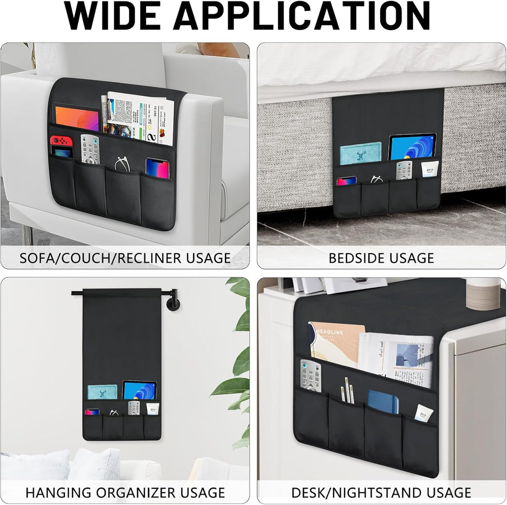 TV Remote Control Holder Couch Caddy, Non-slip Bedside Caddy Organizer with 5 Pockets for Key Glasses Phone Magazine Holders (Black, 35''x18'')
