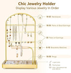 Multi-Functional Jewelry Holder Organizer Necklace Display Stand Velvet Lined Bar for Rings 2 Tier with 18 Hooks, 32 Earring Holes - Sturdy and Durable, Easy Organization Gold
