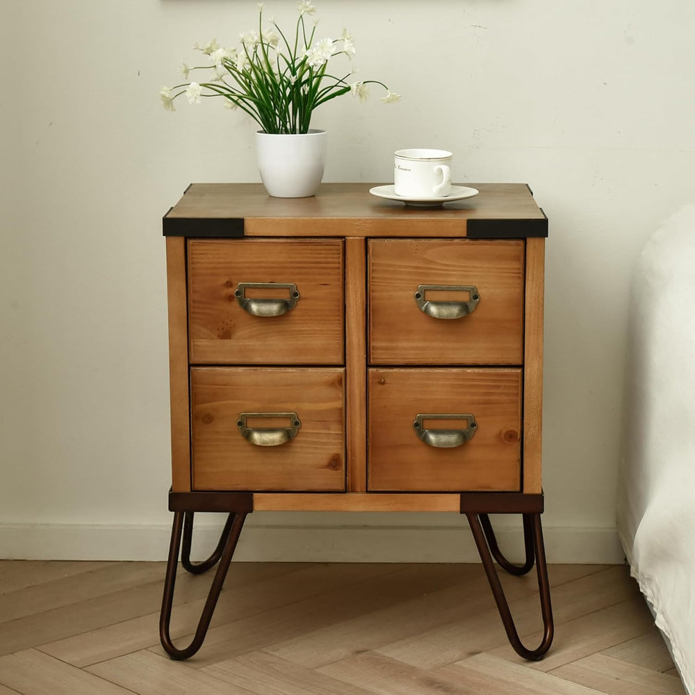 eHemco Antique Style 4-Drawer Storage End Table Side Table with Metal Hairpin...