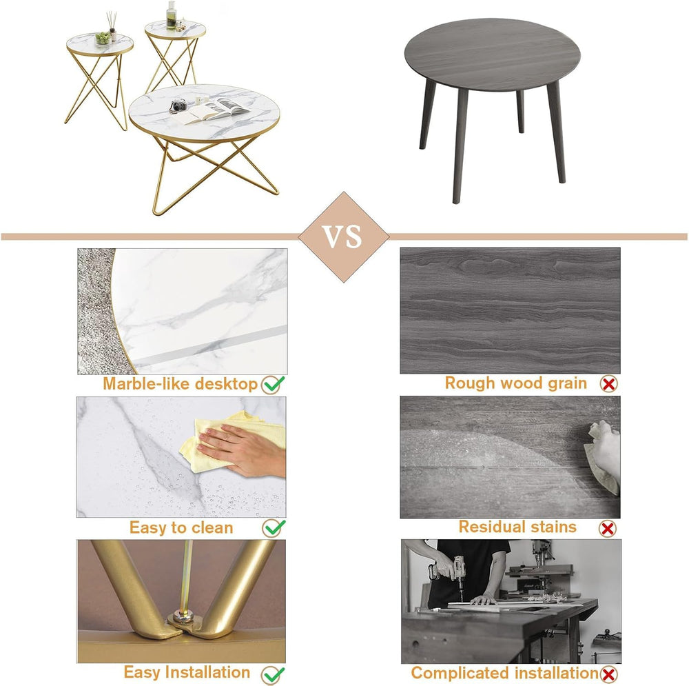 HLR Modern Round Coffee Table and Side Table Set of 3,End Table with Faux Mar...
