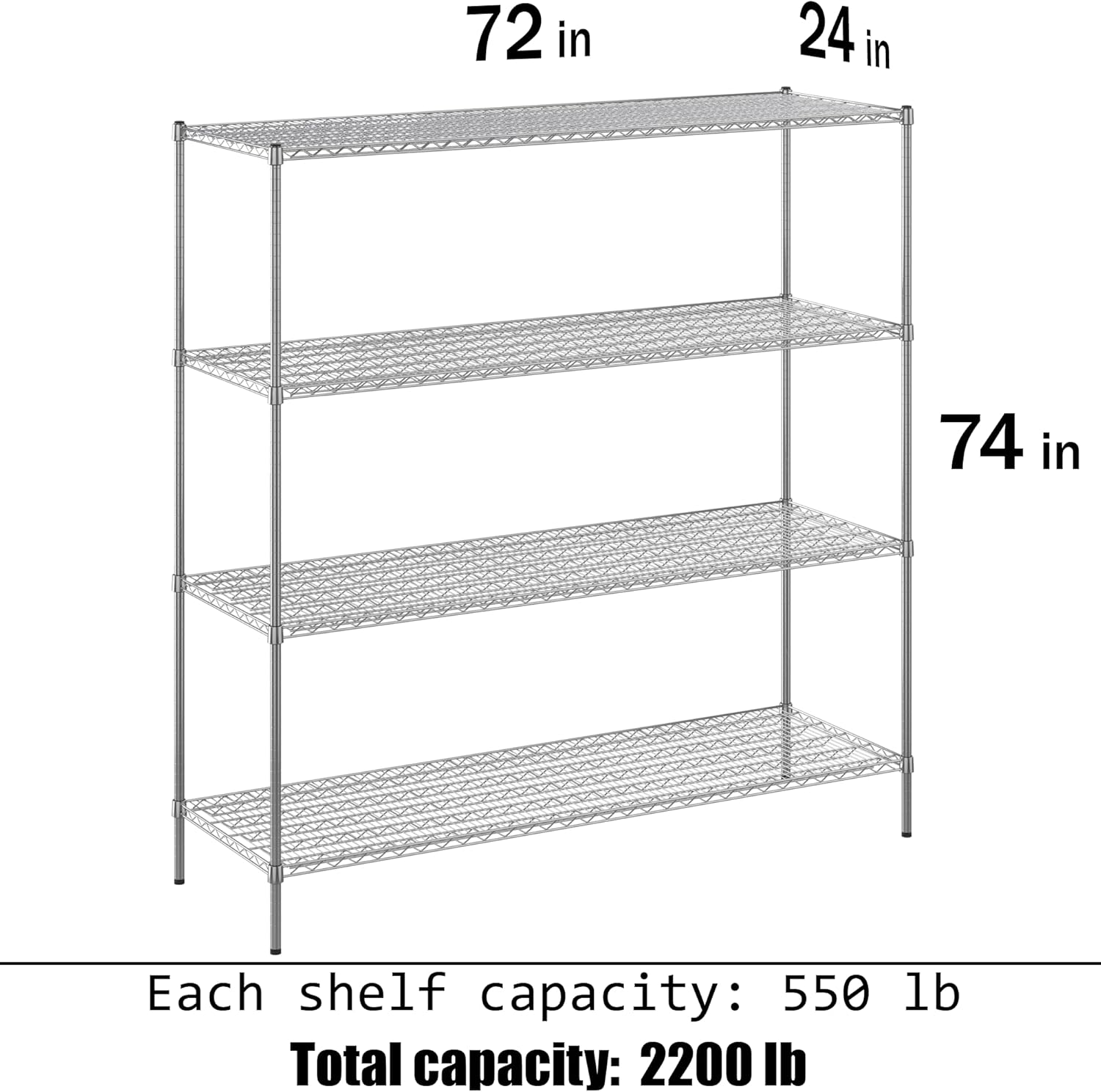 24" Deep x 72" Wide x 74" Height Wire Shelving Kit | 4-Tier | NSF Commercial Storage Rack Unit