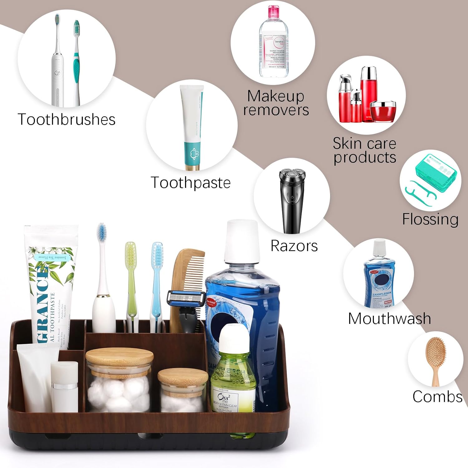 Wood Toothbrush Holders for Bathrooms Countertop Organizer - Detachable 7 Slots Kid Bathroom Decor and Accessories, Wooden Bathroom Sink Storage Organization, Caddy, Tray, Brown
