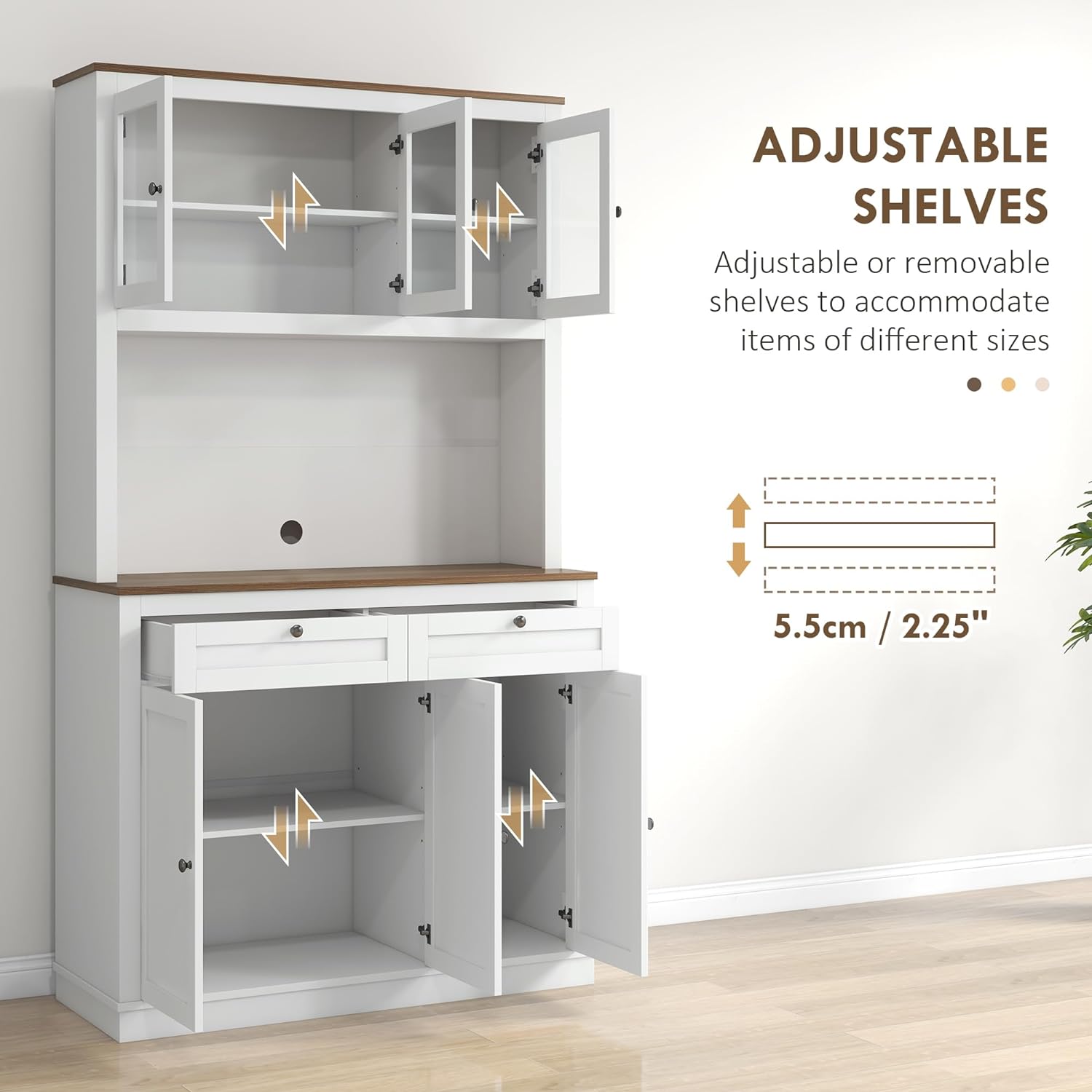 71" Tall Kitchen Pantry Storage Cabinet with Microwave Stand, Freestanding Buffet with Hutch 2 Drawers Adjustable Shelves and Glass Doors for Kitchen, Dining Room, White