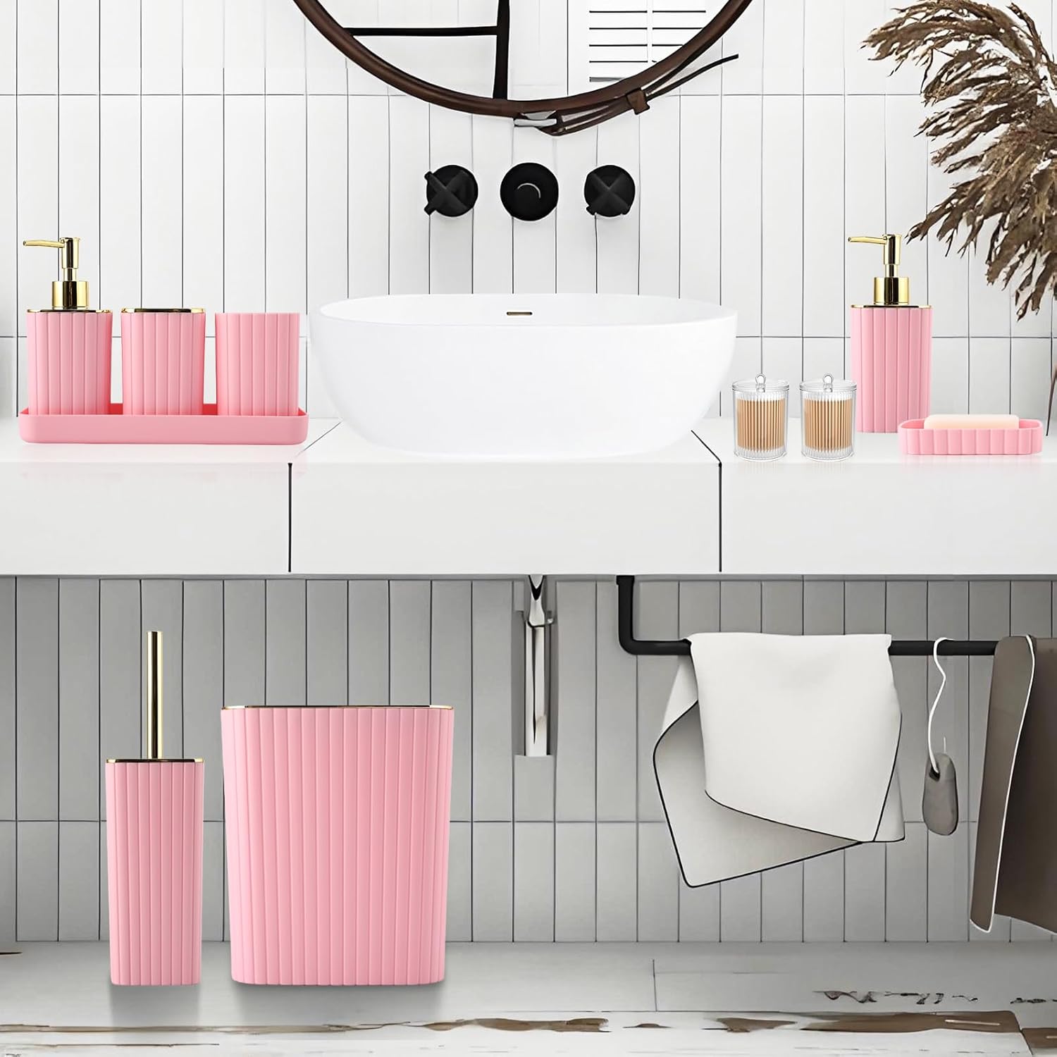 Pink Bathroom Accessories Set - Gorgeous Bathroom Set, 10PC Bathroom Accessory Set, Toilet Brush, Trash Can, Qtip Holder Dispenser & Soap Dispenser