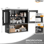 VINGLI Metal Wall Cabinet with Locking Glass Doors & Magnetic LED Sensor Light, Adjustable Shelf, Wall Mounted Storage Display Cabinets for Garage, Kitchen, Home Office, Warehouse, Living Room, Black