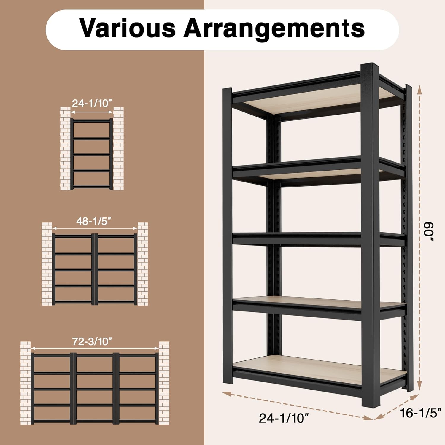 WORKPRO House 5-Tier Shelving Unit, 3000lbs Adjustable Storage Shelves, Boltless Book Shelf, Shelf Organizer for Kitchen, Living Room, Bathroom, Wood Grain Pattern, Waterproof Board, 24-1/10"W, Black