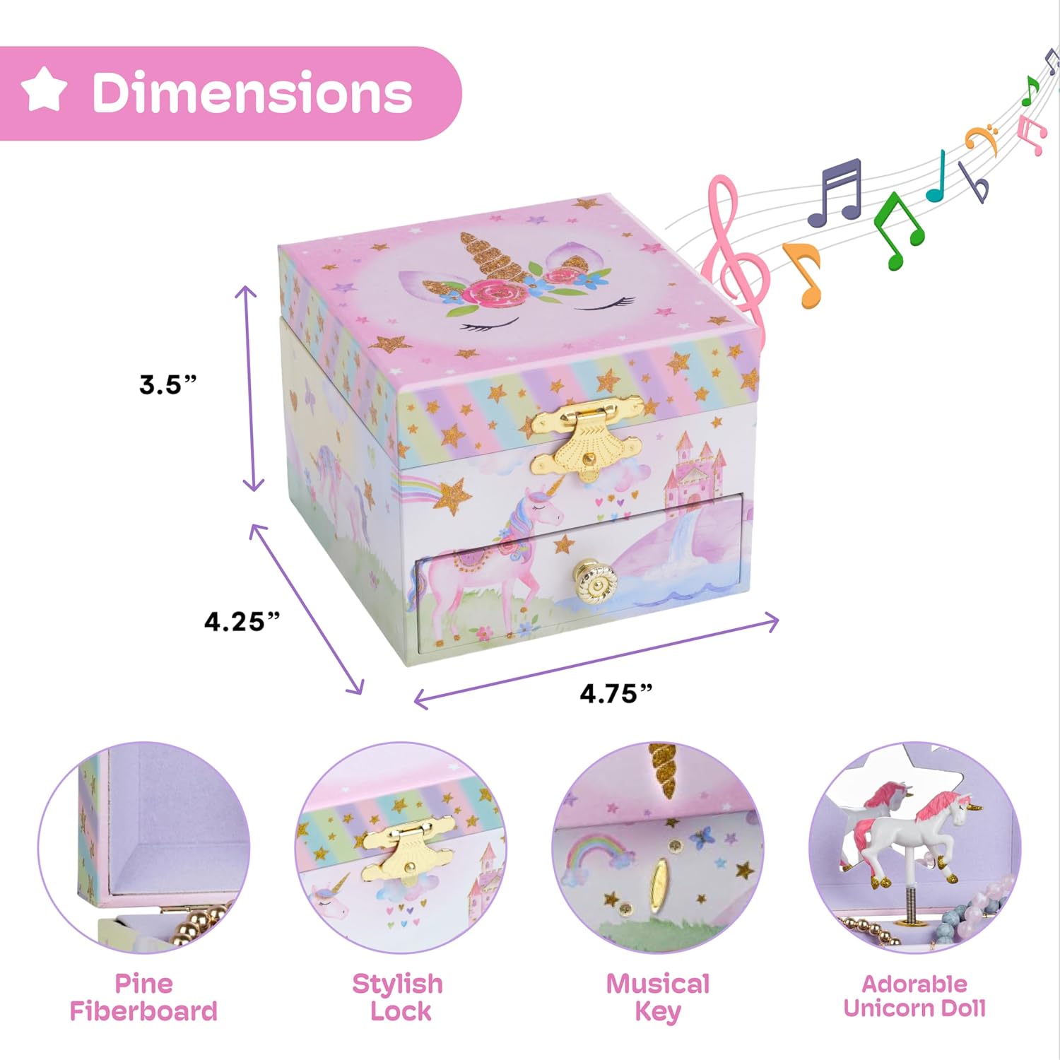 Jewelkeeper Jewelry Box for Girls with 1 Drawer - Unicorn Musical Jewelry Box, Beautiful Dreamer Tune, Spinning Unicorn Doll, Little Girl Music Box, Gifts for 5 Year Old Girls, Engineered Wood