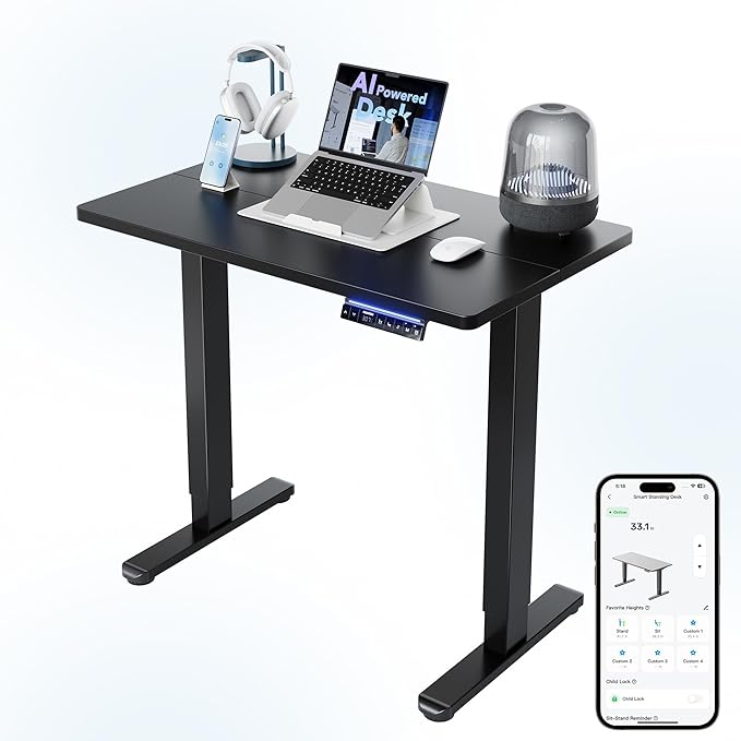 HUANUO 32 inch Electric Standing Desk with Smart APP, Alexa & Google Voice Control, Wi-Fi, Adjustable Height, 6 Memory Settings, Sedentary Reminder, Posture & Neck Care, Sit-Stand Desk, Black