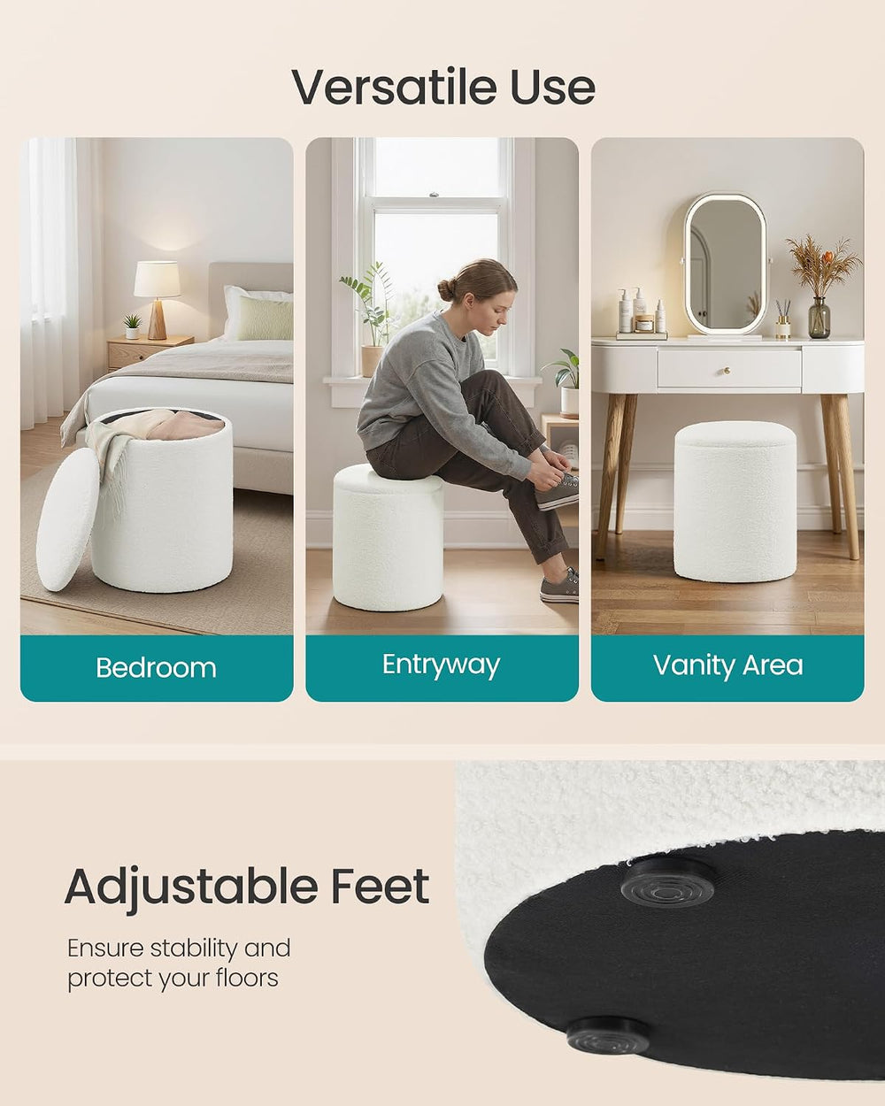SONGMICS Vanity Stool, Set of 2, Round Storage Ottoman, Teddy Fleece | Small ...