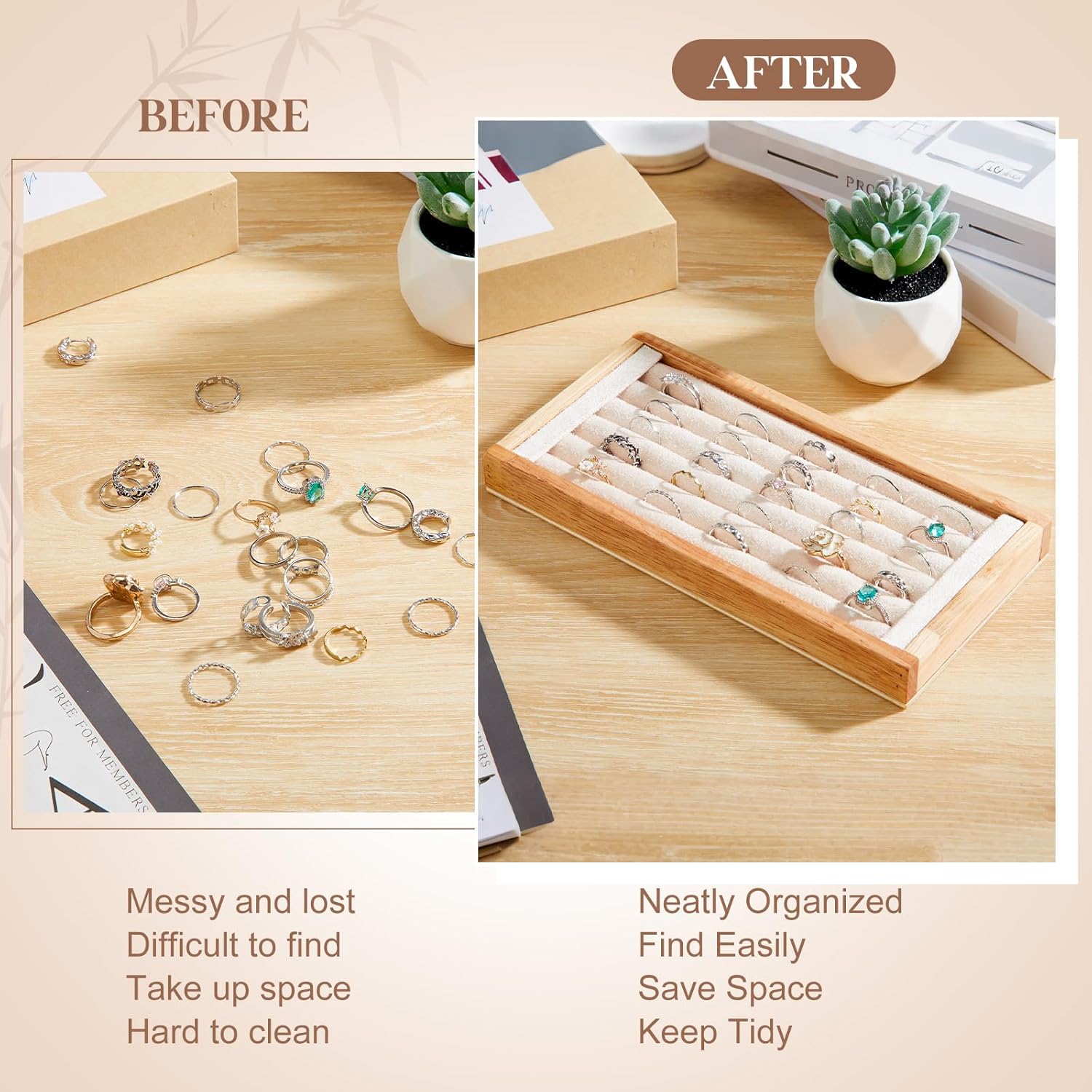 Novabright 2 Pcs Bamboo Ring Holder Bamboo Ring Display Stand 5 Slot Rings Display Tray Jewelry Storage Tray Organizer for Rings Earrings Selling Retail Stores Home Exhibitions