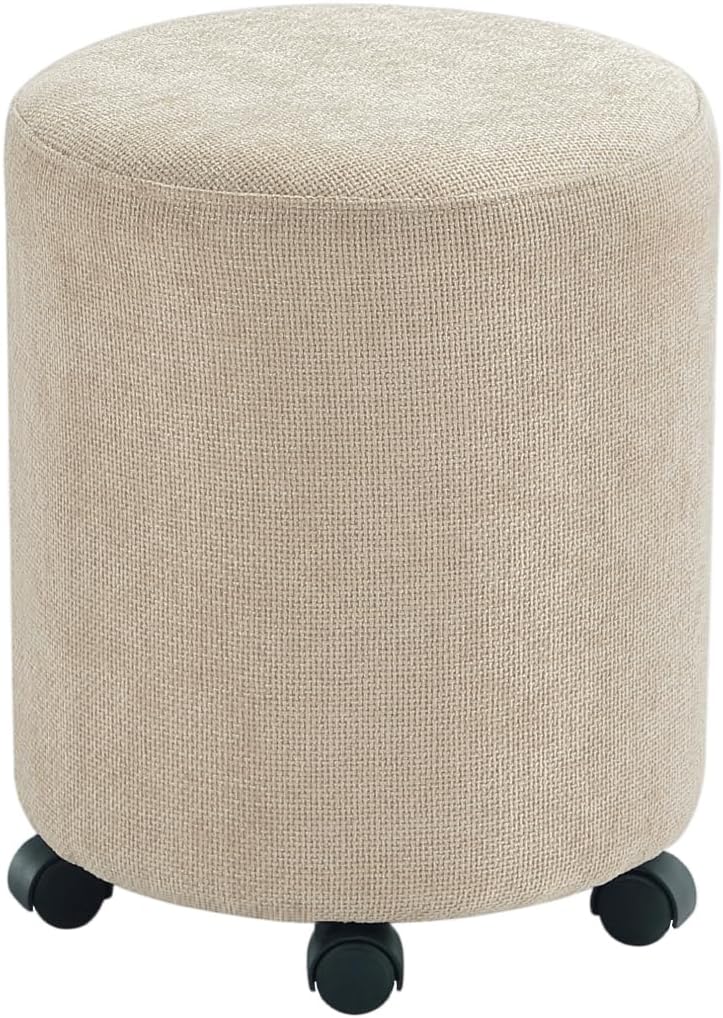 Get Set Style Ottoman with Wheels, Rolling Vanity Stool for Makeup, Upholster...