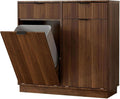 Double Tilt Out Trash Can Cabinet, Laundry Hamper Cabinet with 2 Drawers, Trash Can Holder Cabinet, Wave-Textured Front, 2 × 10 Gallon, Walnut