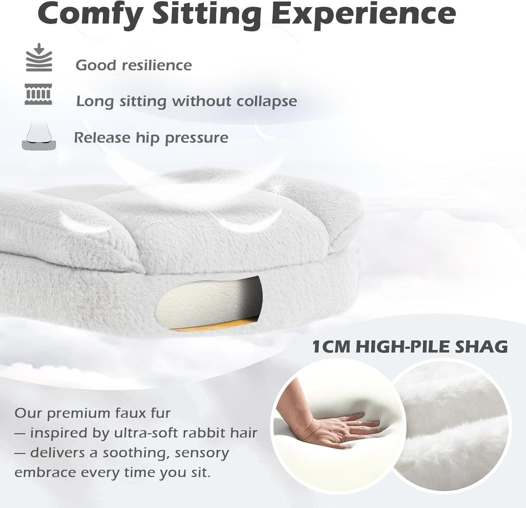 SEATZONE White Plush Office Chair Ergonomic Desk Chair with Lumbar Support, Flip-Up Arms, Adjustable Swivel Computer Chair with Wheels, Soft Fleece Cute Office Chair for Home Bedroom Vanity