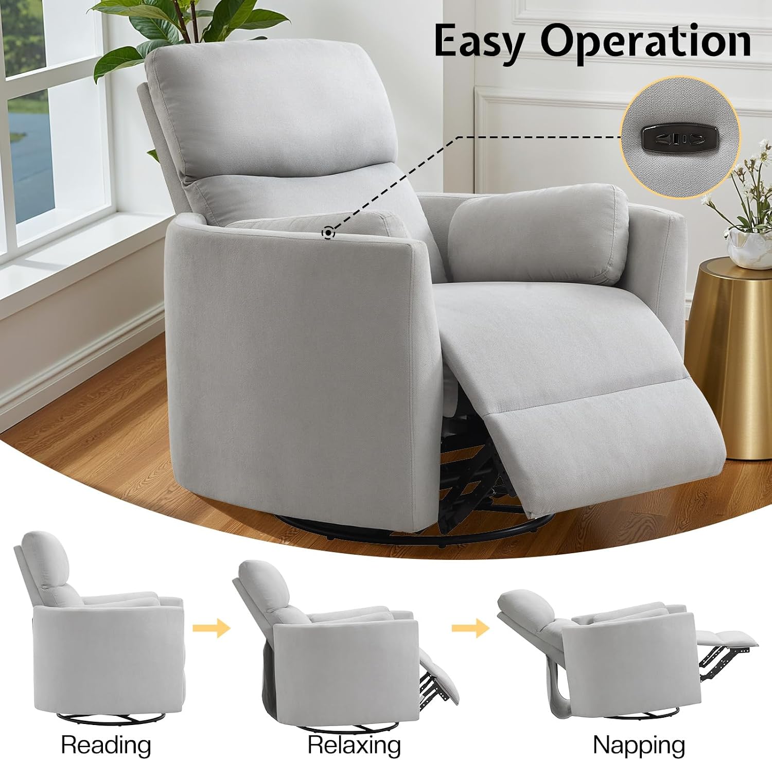 Jocisland Power Rocking Nursery Chair/Swivel Recliner/USB, Grey Fabric | Oversized Glider Chairs,Fabric,2 Pillows,USB & Type-C,Reclining Armchair Sofa,Living Room,Bedroom,Nursing
