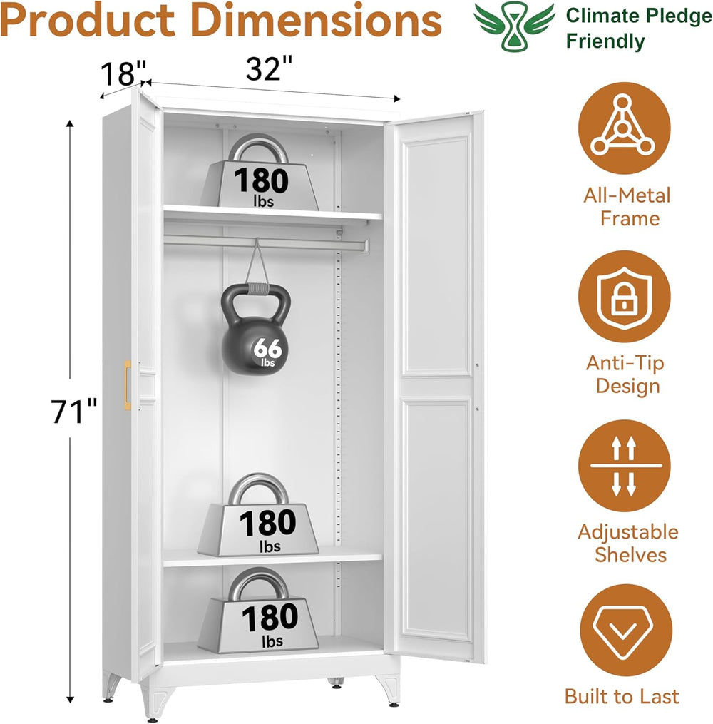Polup 71" Metal Armoire Wardrobe Closet with Doors and Adjustable Shelve...
