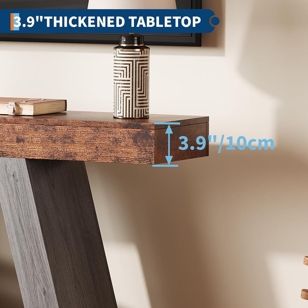 55in Farmhouse Console Table - 2-Tier Wooden Trapezium Sofa Table - Skinny En...