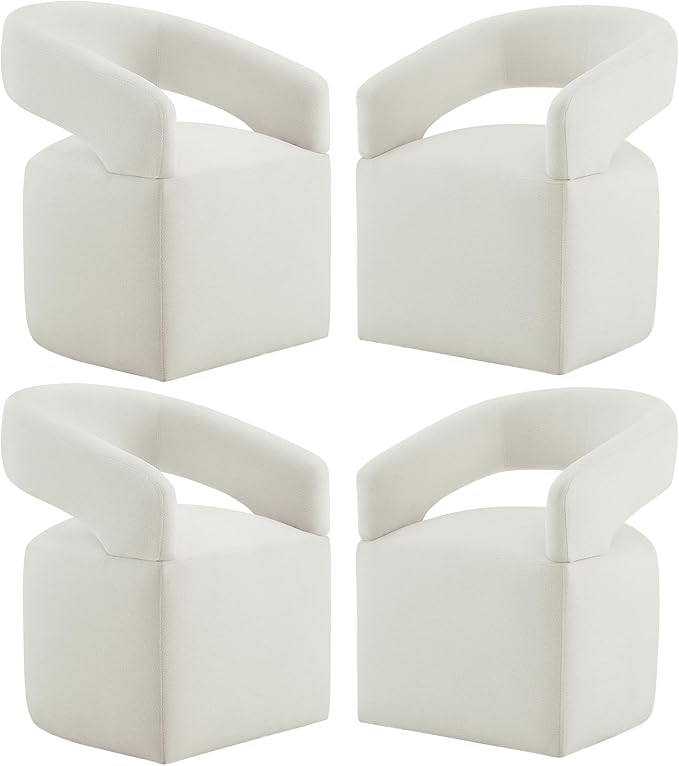 Upholstered Dining Chairs with Removable Casters Barrel Side Armchair with Rollers for Diningroom Bedroom Livingroom Reading Room, Ivory, Set of 4