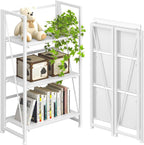 4NM No Assembly Folding Bookshelf Storage Shelves 3 Tiers Vintage Bookcase Standing Racks Study Organizer Home Office (All White)