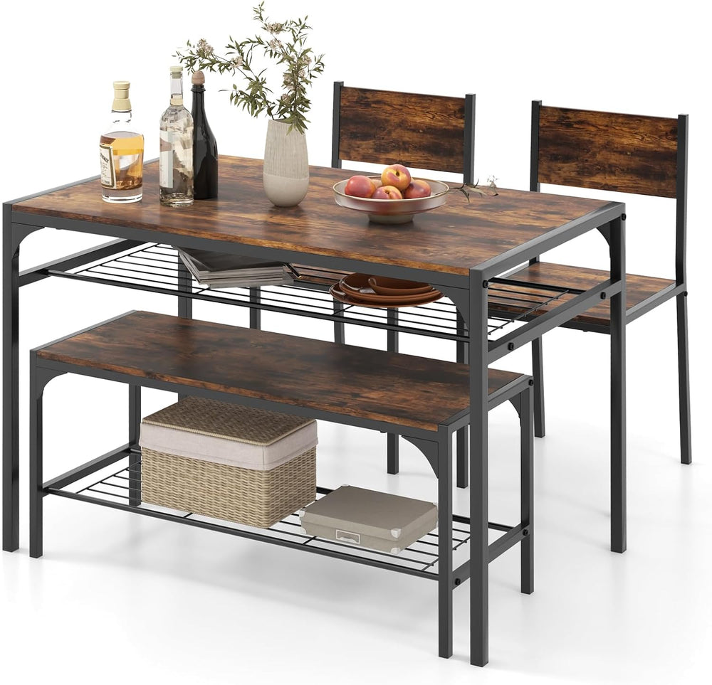 COSTWAY Dining Table Set for 4 with Bench & 2 Chairs, Storage Racks