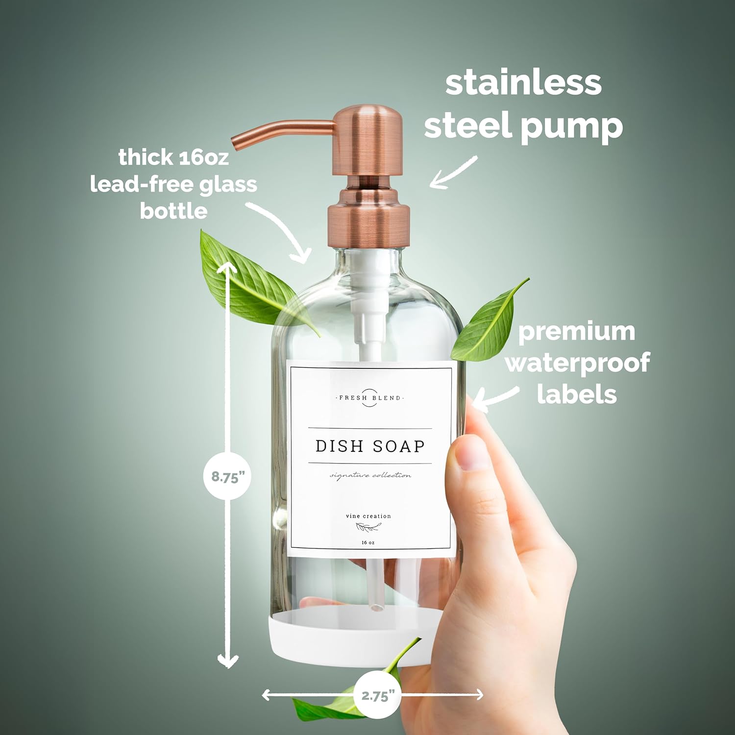 Vine Creations Clear Glass Soap Dispenser, 2 Pack Kitchen Soap Dispenser Set with Stainless Steel Pump, 16 oz Dish Soap and Hand Soap Dispensers for Bathroom with Waterproof Labels