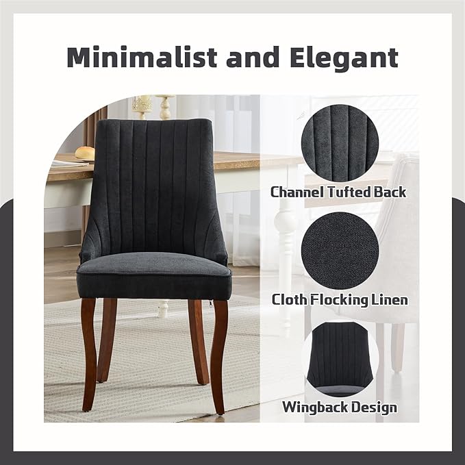 Linen Dining Chairs Set of 8，Fabric Channel Tufted Kitchen Chairs, Upholstered Accent Chairs with Curved Solid Wood Legs, Comfortable Dining Chair for Dining Room, (Black, 8pc)
