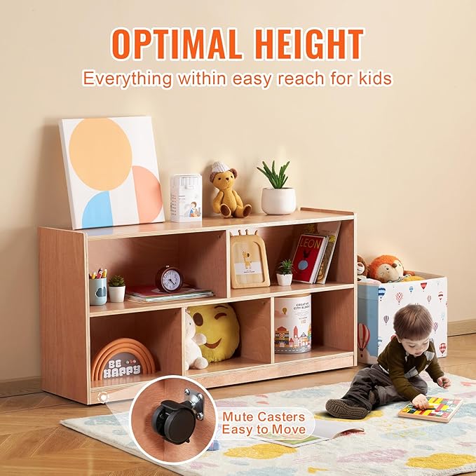 VEVOR Cubby Toy Organizer Storage Cabinet, 5-Compartment Cubby Storage Shelf, 48''W Kids Toy Storage Cabinet 2-Shelf, Classroom Cubbies, Classroom Furniture for Home, Daycare and Preschool, Natural