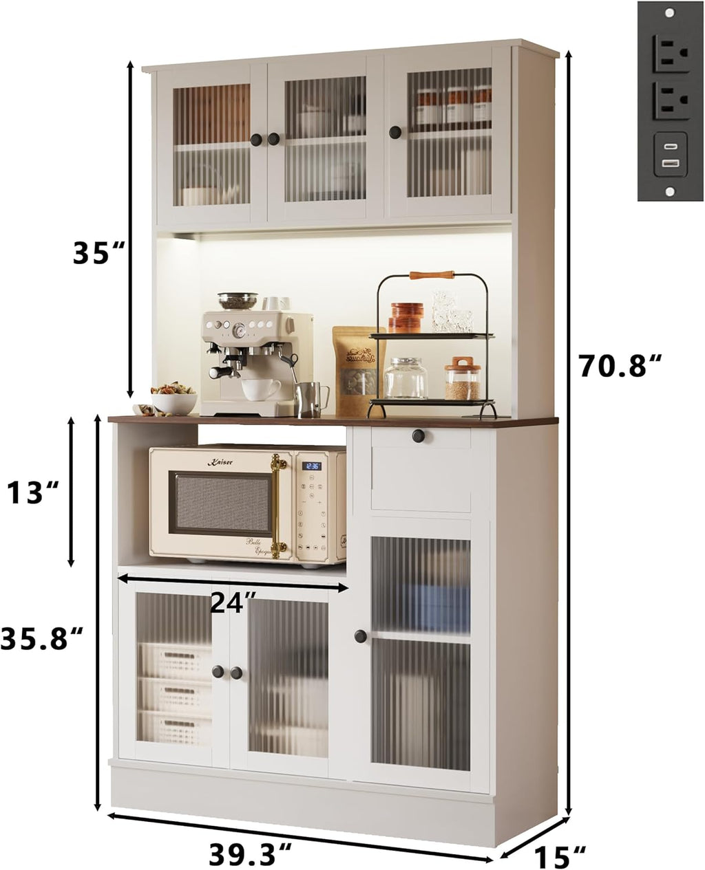 70.8" Kitchen Hutch Cabinet with Storage for Living & Dining Room, Kitchen Pantry Cabinet with LED Light & Outlet, White Cabinet with Walnut Tabletop