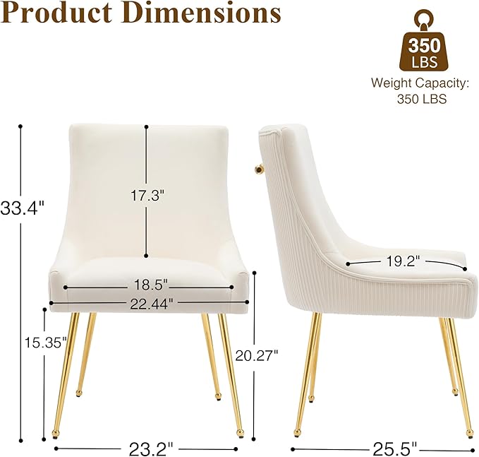 Velvet Dining Chairs Set of 6, Modern Upholstered Kitchen Chair with Pull Handle & Pleated Back, Mid Century Accent Chair with Gold Metal Legs for Vanity,Dining,Kitchen,Living Room, Beige