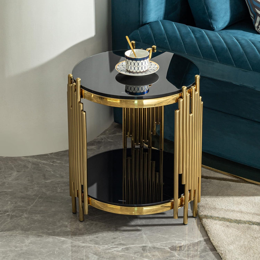 17.72" Round Sofa Side Table, 2-Tier Black Tempered Glass End Table with...