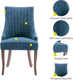 mikibama Linen Dining Chairs Set of 2 Channel Tufted Kitchen Dinner Chair Comfy Fabric Upholstered Accent Chair for Dining Room with Solid Wood Legs (Blue)
