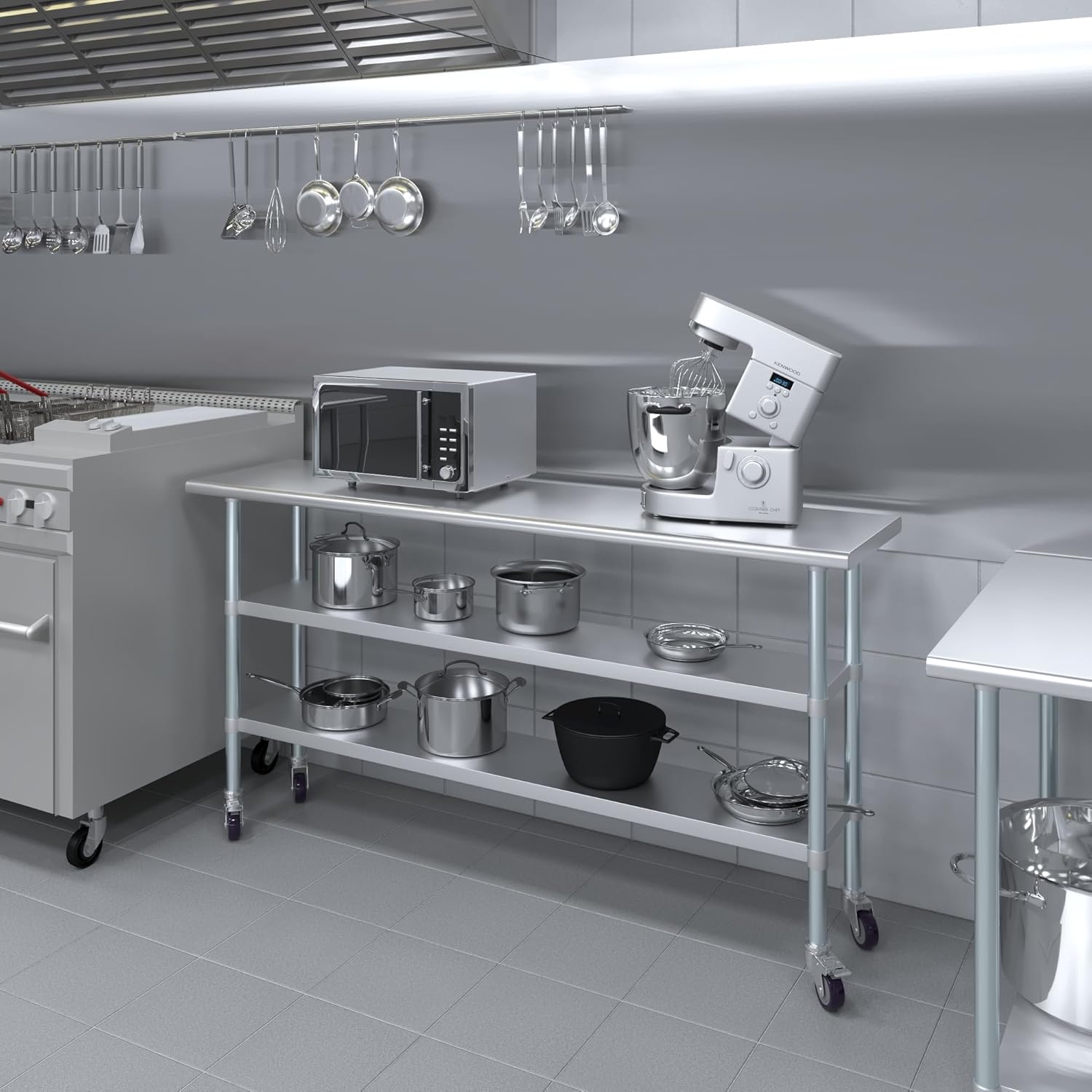 AmGood Stainless Steel Work Table with 2 Shelves and Casters | Metal Utility Table On Wheels (Stainless Steel Work Table with 2 Shelves + Casters, 72" Long x 18" Deep)