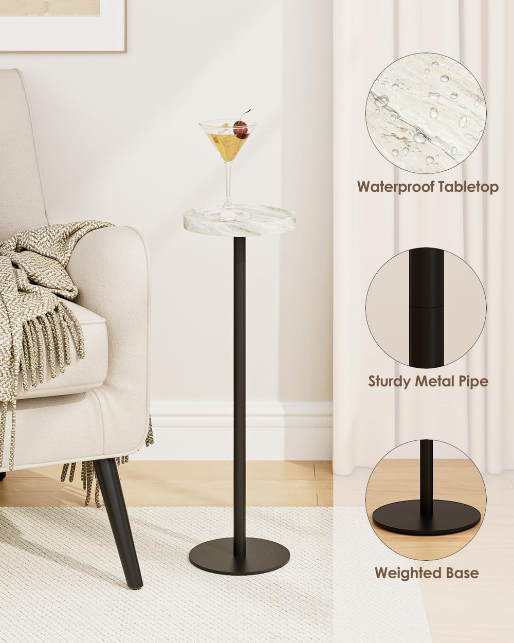 Drink Table, Small Pedestal Side Table, Round Cocktail Table, Circle Accent E...
