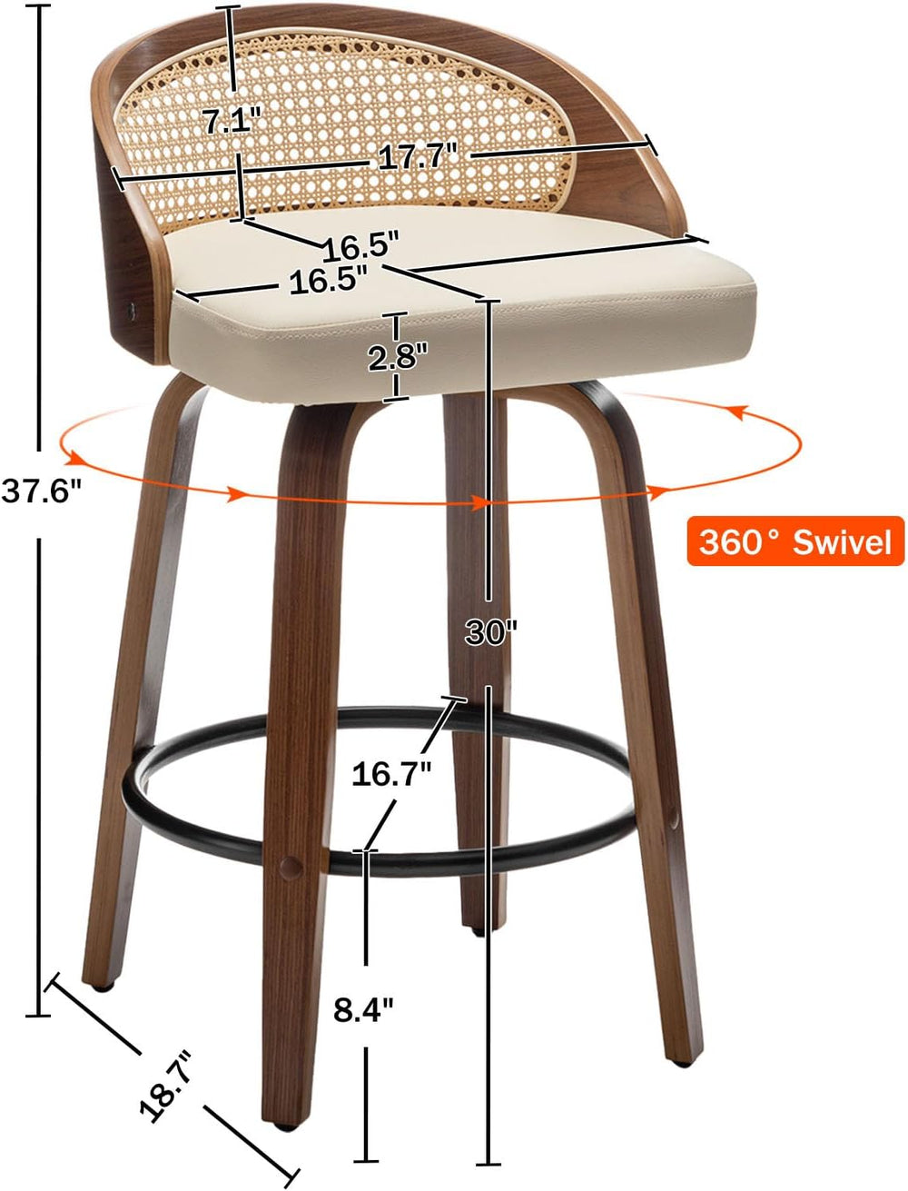 24.8" Swivel Rattan Bar Stools with Back Beige Counter Height Stools 2PCS
