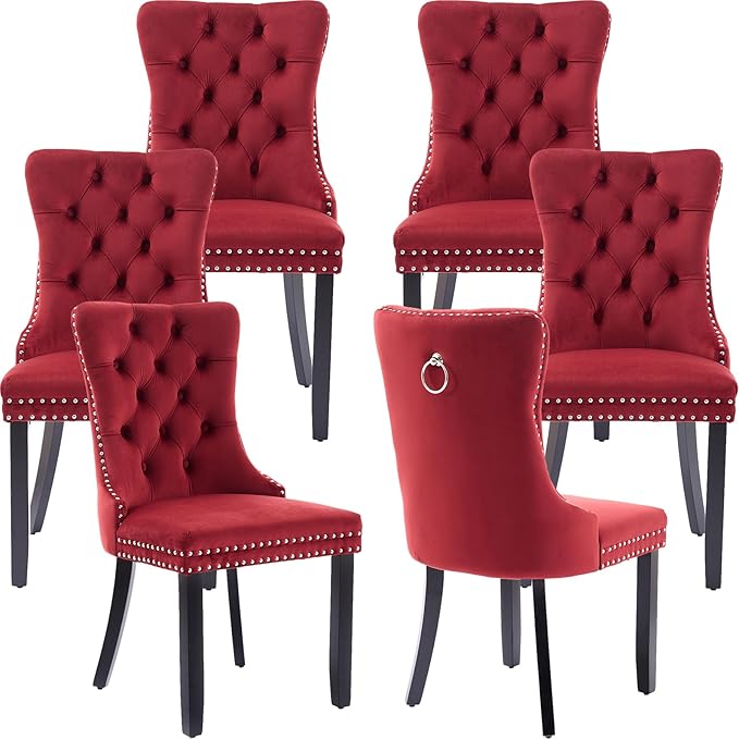 Modern Dining Chairs Set of 6, Tufted Upholstered Dining Chair with Solid Wood Legs, Wine Red Velvet Accent Chair, Sillas de Comedor, 6 Dining Chairs (Burgundy, Velvet, 6Pcs)
