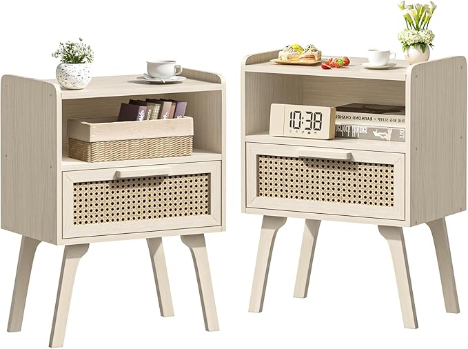 Lerliuo Rattan Nightstands Set of 2, Side Table with Drawer Open Shelf, Cane ...