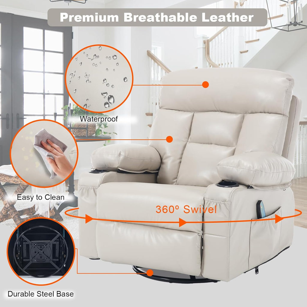 Swivel Rocker Recliner Chair Massage Beige Rocking Glider Chair for Nursery | Wide Seat, Overstuffed, Cup Holders, Faux Leather, Living Room Lounge Chair