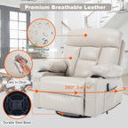 Swivel Rocker Recliner Chair Massage Beige Rocking Glider Chair for Nursery | Wide Seat, Overstuffed, Cup Holders, Faux Leather, Living Room Lounge Chair