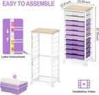 Rolling Cart with Drawers,10 Drawer Rolling Cart,Storage Cart with Wheels,Utility Cart with Drawers,Teacher Cart for Classroom Storage,Craft Cart with Wheels and Wooden Tabletop,Purple