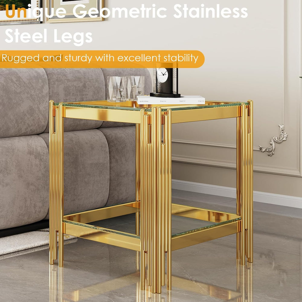 Small Side Table, Square End Table with Tempered Glass & Irregular Gold S...