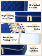 Velvet Travel Jewelry Box with Large Mirror, Double-Layer Jewelry Organizer Case for Women and Girls, Portable Storage Case with 6 Anti-Tarnish Bags Gift Ready for Her (Navy Blue)