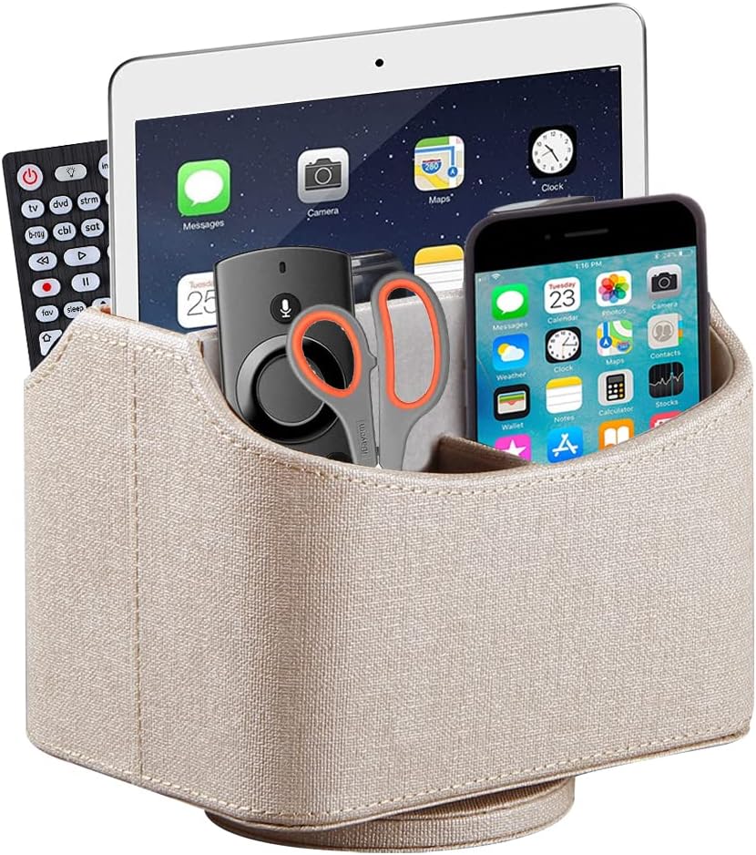 PU Leather Remote Control Holder,360 Degree Spinning Desk TV Remote Caddy,Desk Organizers and Accessories,for Controller,Media,Mail,Calculator,Mobile Phone,Pen Storage Holder(Beige)