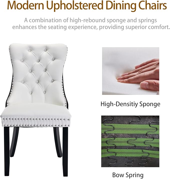 Dining Chairs Set of 2, Upholstered Tufted Dining Room Chairs with High Back, Nailhead Trim and Solid Wood Legs, Modern Dining Chair for Dining Room, White Pu Leather Splicing Black Velvet